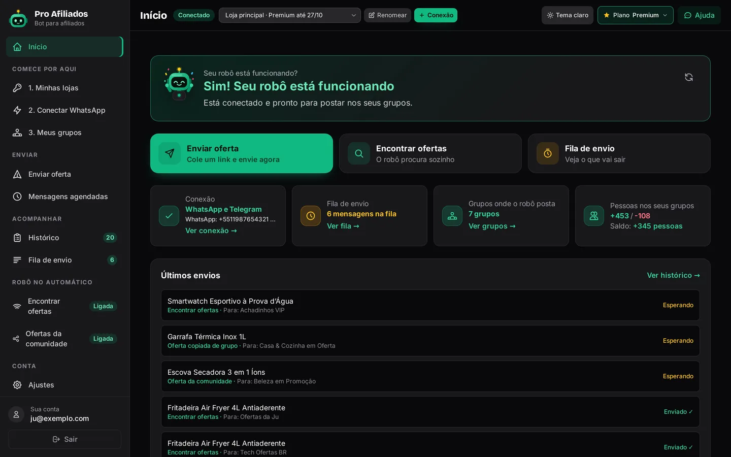 Tela inicial do painel do Nexo Afiliados com o diagnóstico do robô e os resumos de conexão, fila e grupos